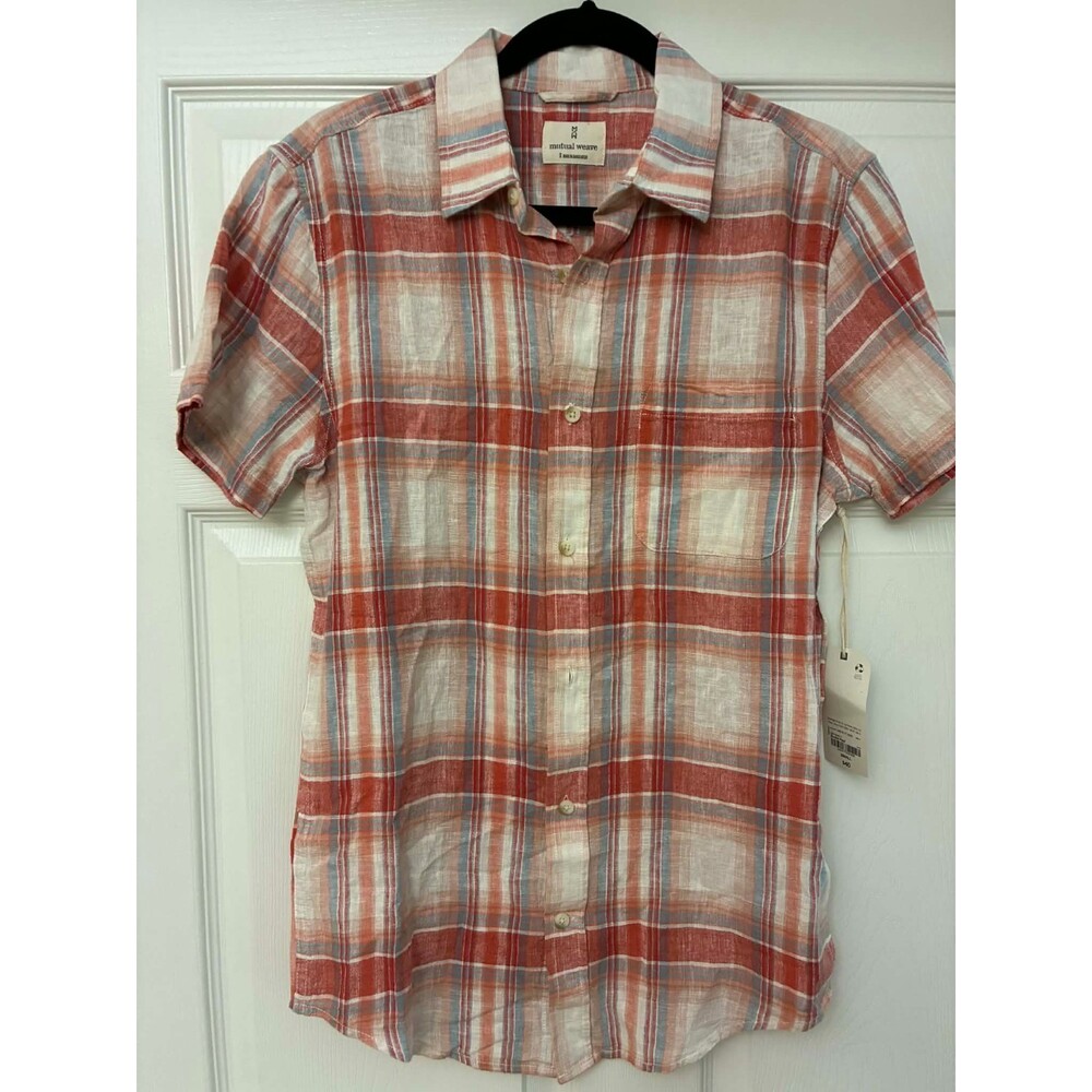 Mutual Weave Men's Linen Cotton Shirt Small Bonfire Plaid Short Sleeve NWT